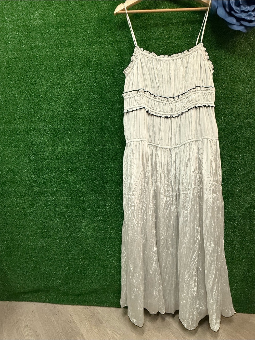 J Crew Silver Ruffle Long Maxi Dress Size XL Brand New